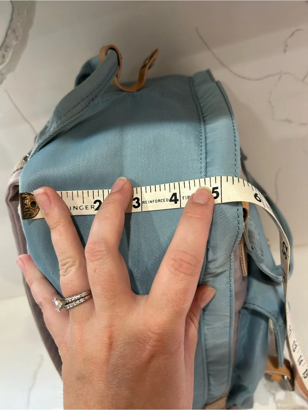 Doughnut Macaroon Blue & Lavender Canvas Backpack with Tan Accents - Women